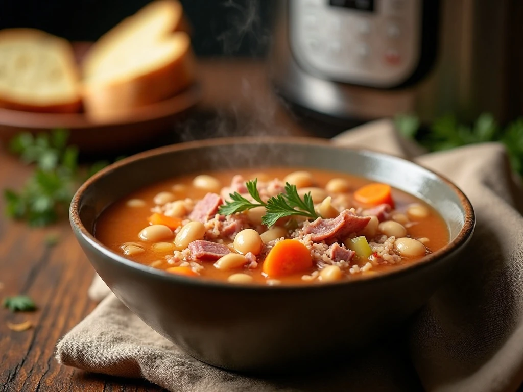 Hearty Instant Pot ham and bean soup served with crusty bread