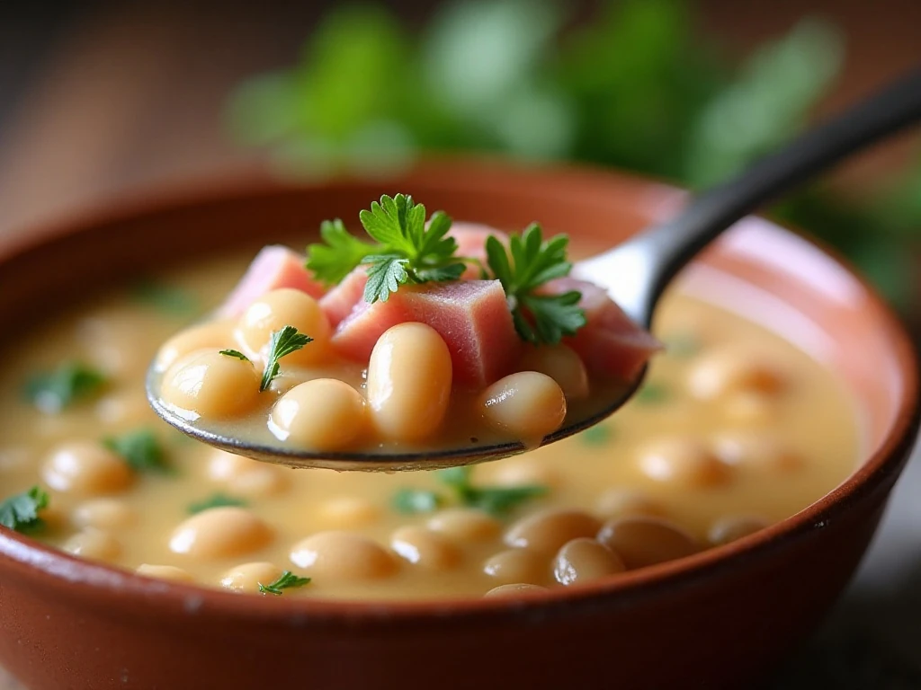 Close-up of ham and bean soup garnished with fresh parsley