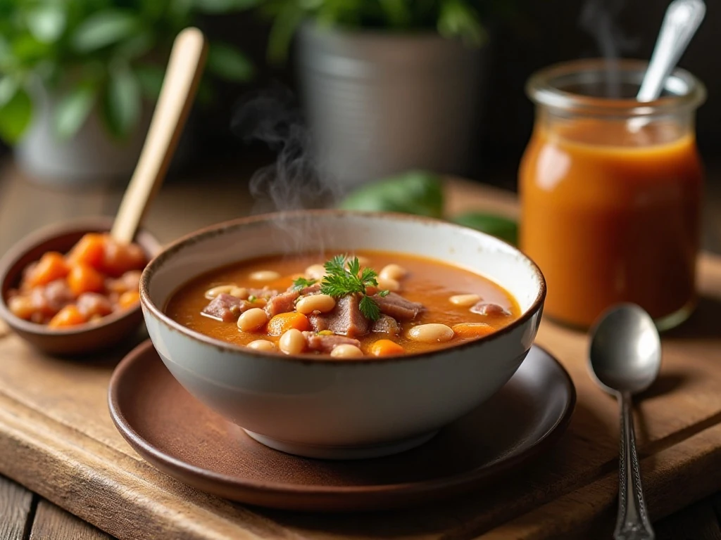 Reheated Instant Pot ham and bean soup ready to serve
