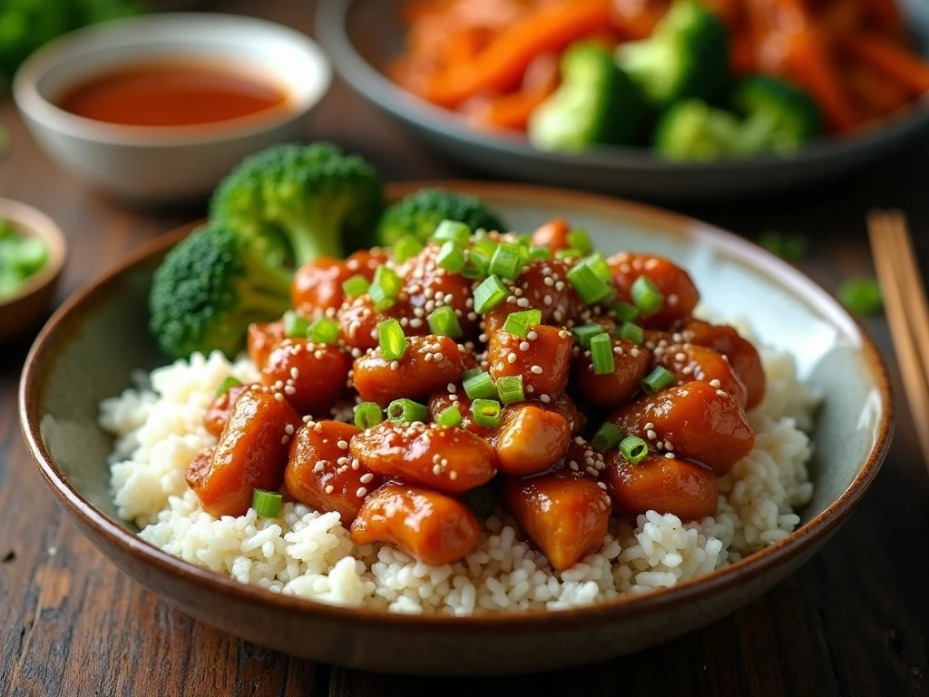 Instant Pot honey sesame chicken served over rice with sesame seeds and green onions