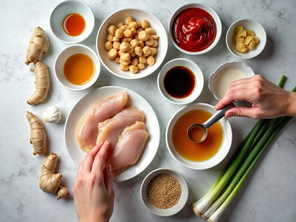 Ingredients for Instant Pot honey sesame chicken arranged for cooking