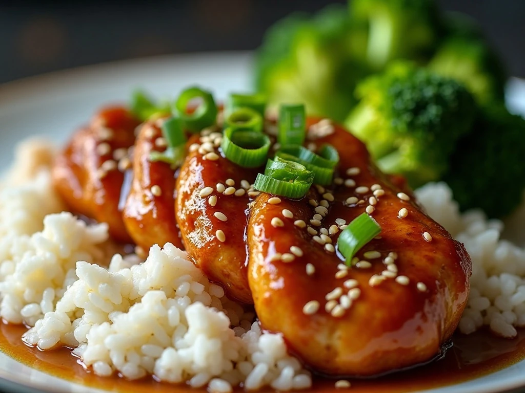 Honey sesame chicken garnished with sesame seeds and green onions