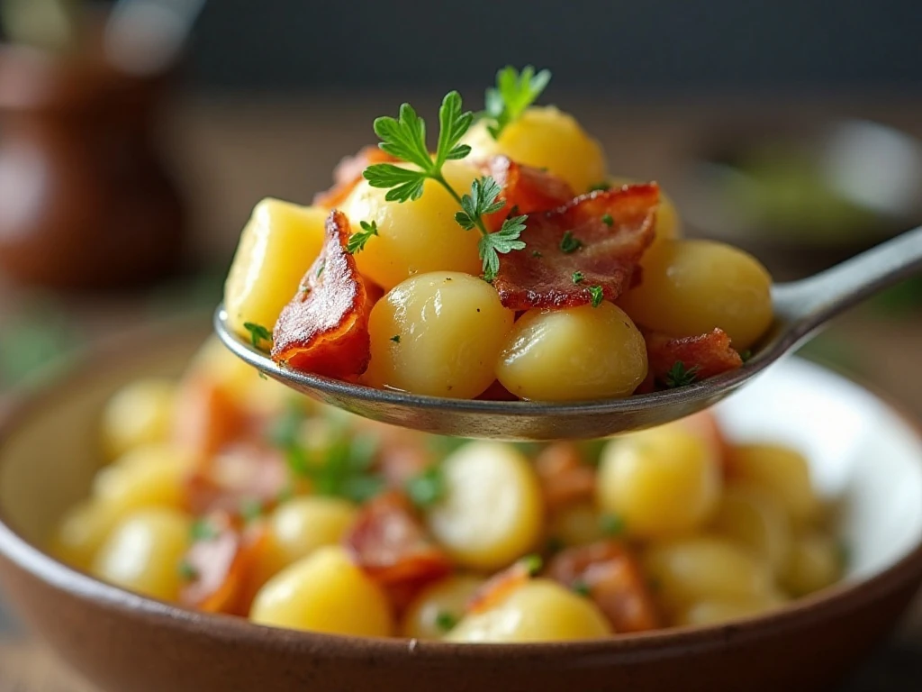 Close-up of warm potato salad garnished with parsley