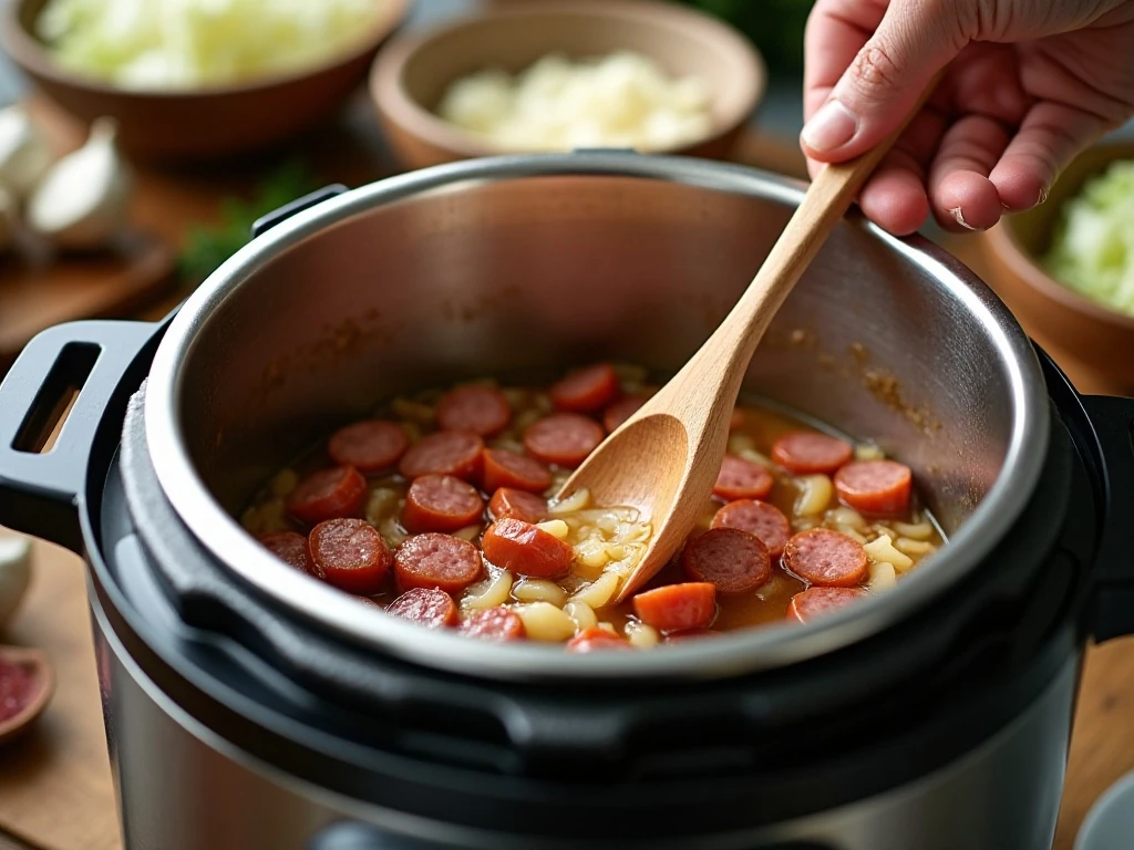 Kielbasa and onion browning in the Instant Pot