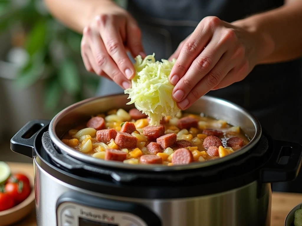 Adding cabbage to the Instant Pot with kielbasa