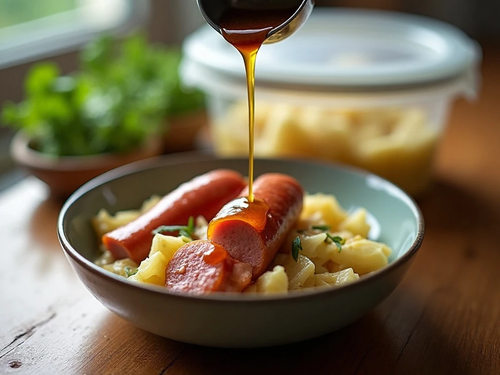 Stored and reheated Instant Pot kielbasa and cabbage