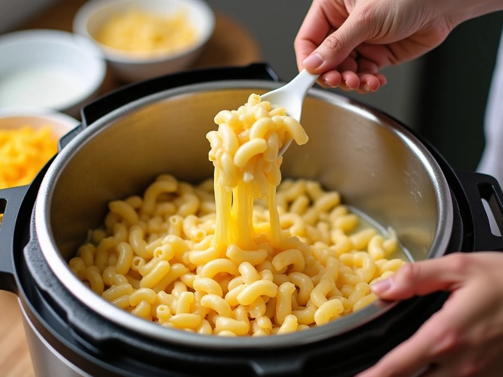 Stirring pasta and cheese ingredients in an Instant Pot