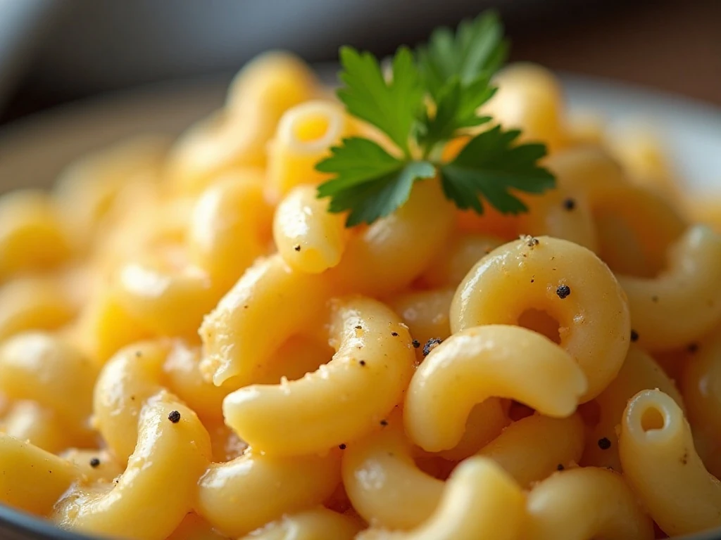 Garnished creamy mac and cheese close-up
