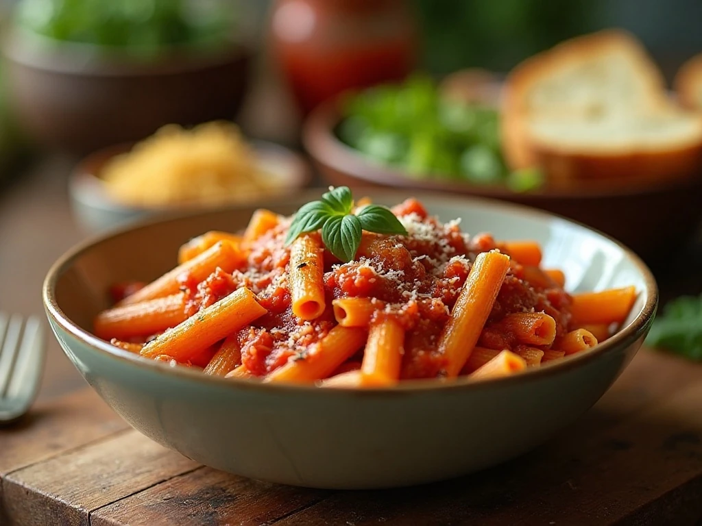 Bowl of easy Instant Pot penne marinara served with Parmesan and garlic bread