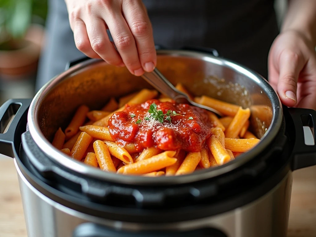 Penne and marinara layered in an Instant Pot before pressure cooking