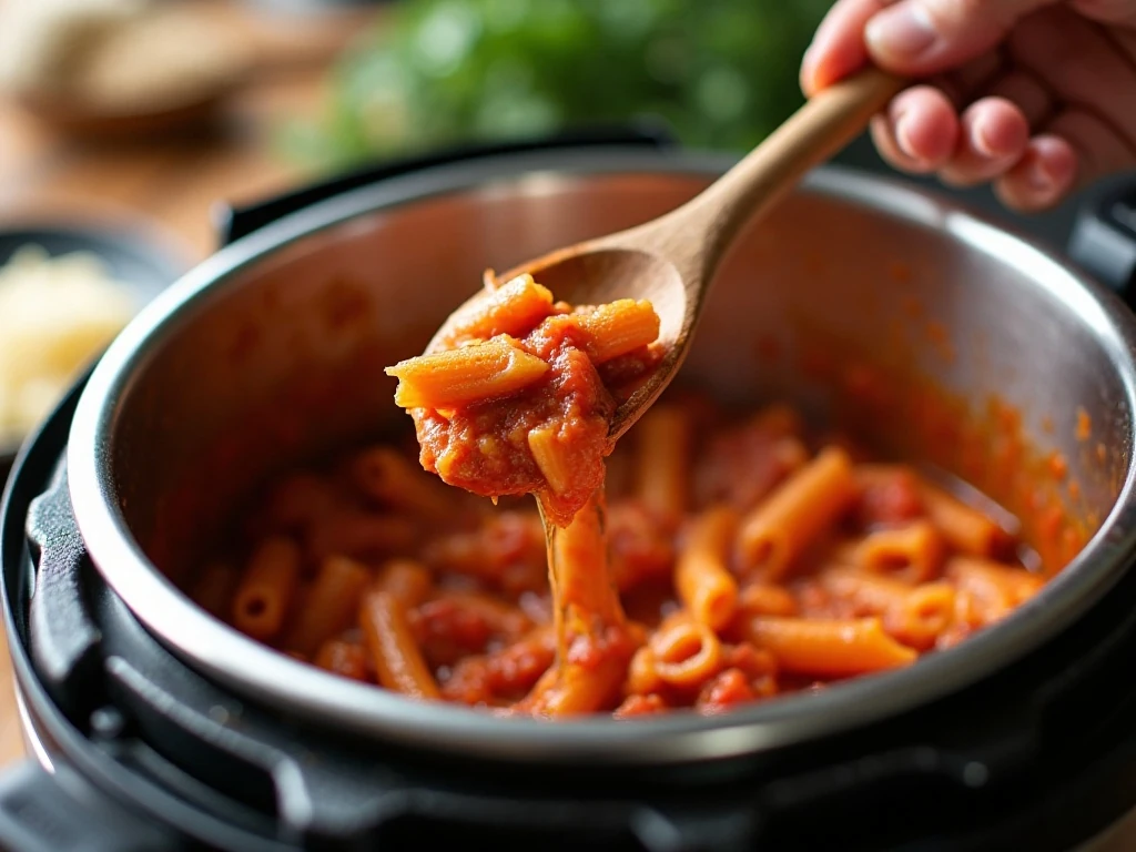 Stirring freshly cooked penne marinara to thicken the sauce
