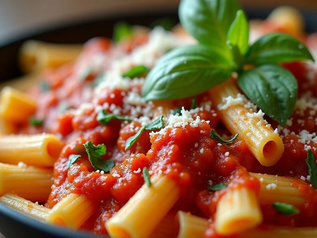 Penne marinara garnished with Parmesan, basil, parsley, and red-pepper flakes