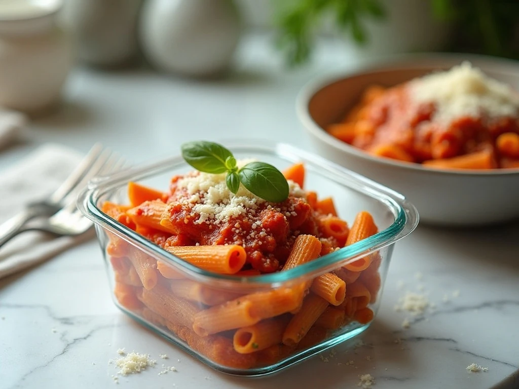 Stored and reheated Instant Pot penne marinara portions