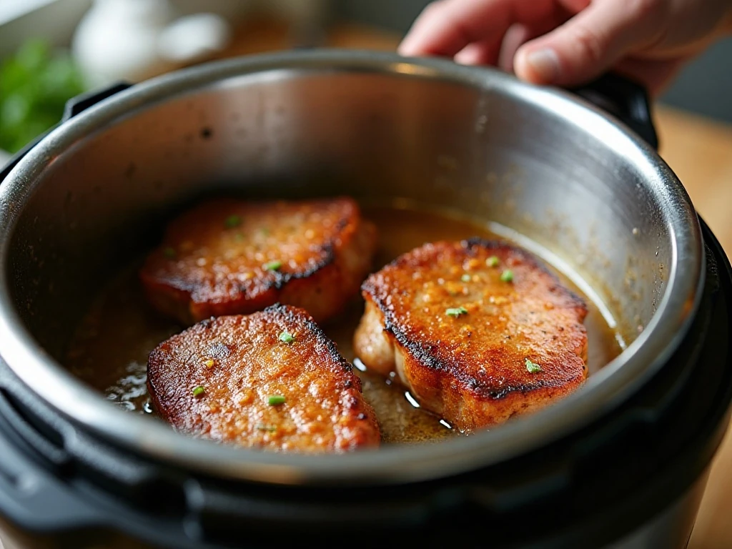 Pork chops searing in an Instant Pot