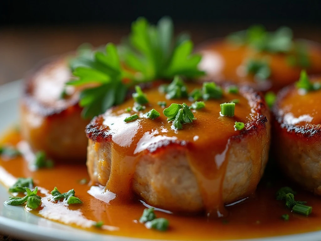 Close-up of pork chop with gravy and parsley garnish