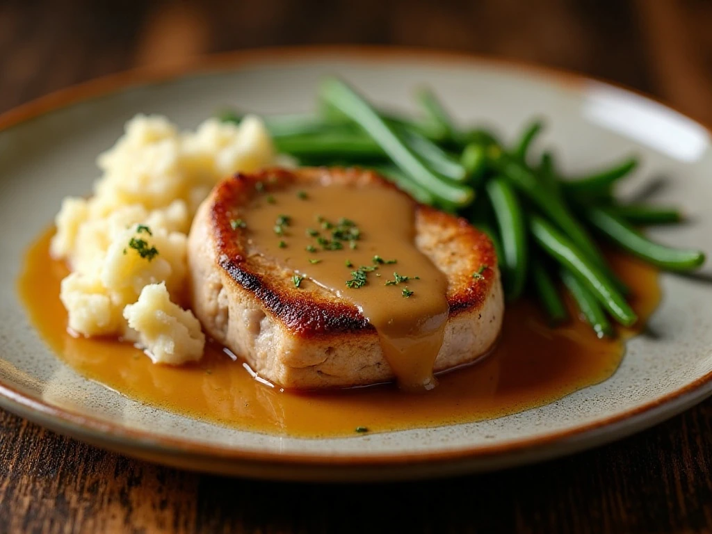 Tender Instant Pot pork chops covered in onion gravy with mashed potatoes and green beans