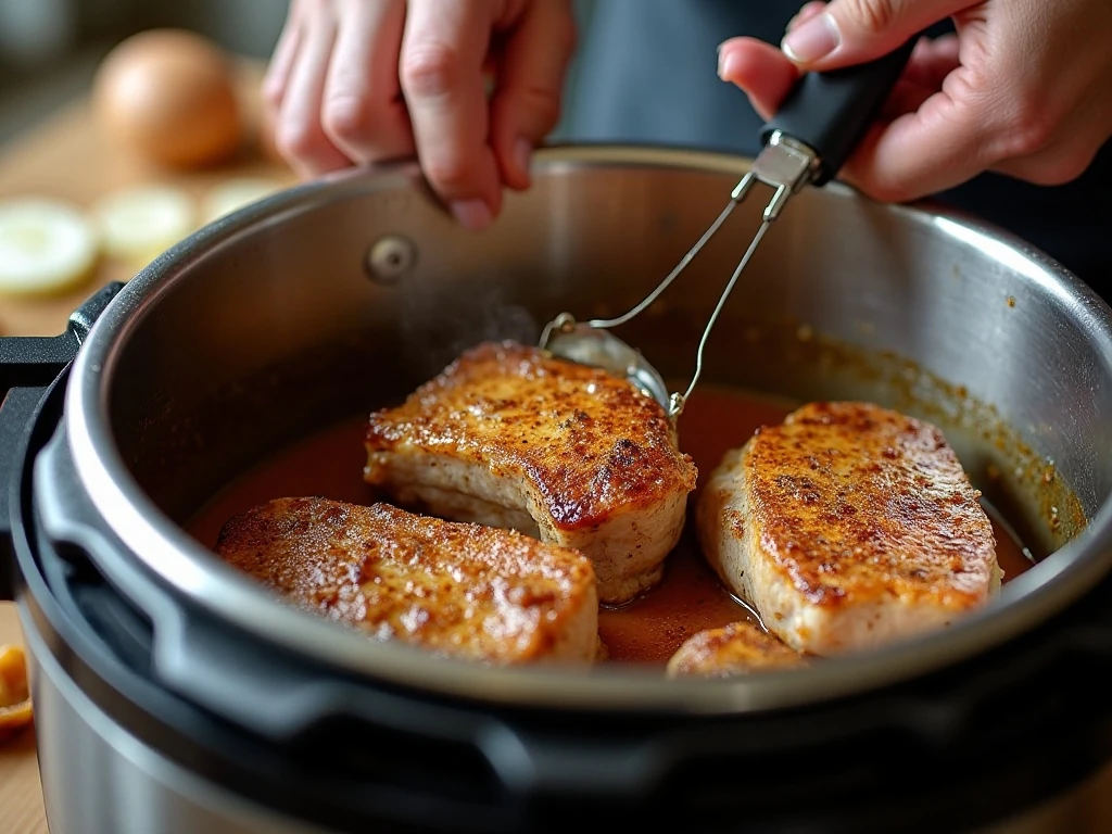 Seasoned pork chops browning in an Instant Pot before pressure cooking
