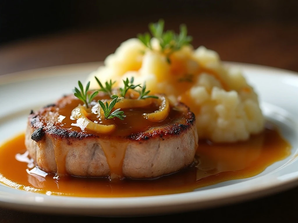 Close-up of juicy pork chop with onion gravy and thyme