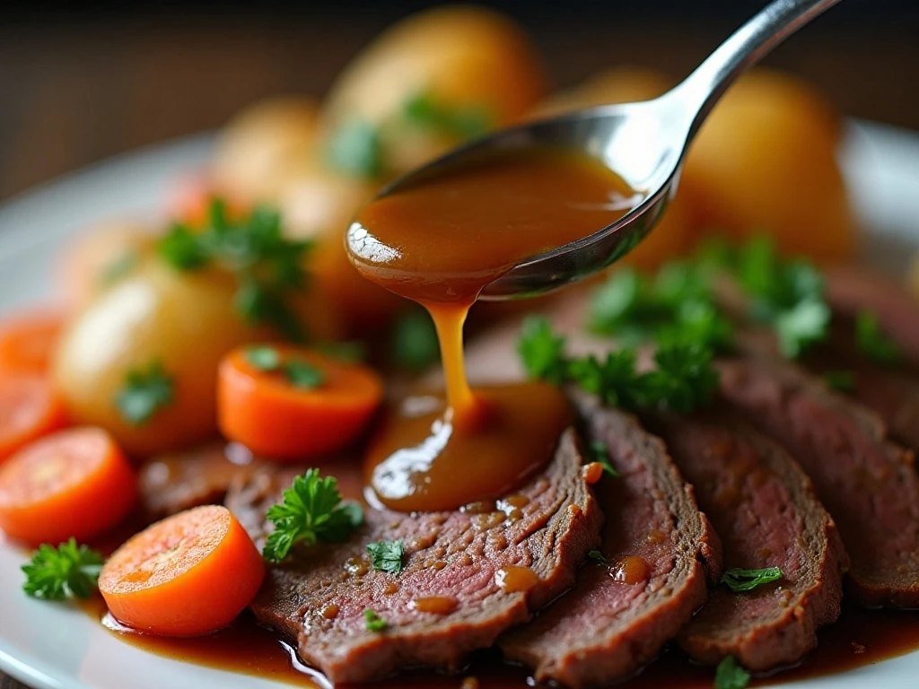 Pot roast with homemade gravy and fresh parsley
