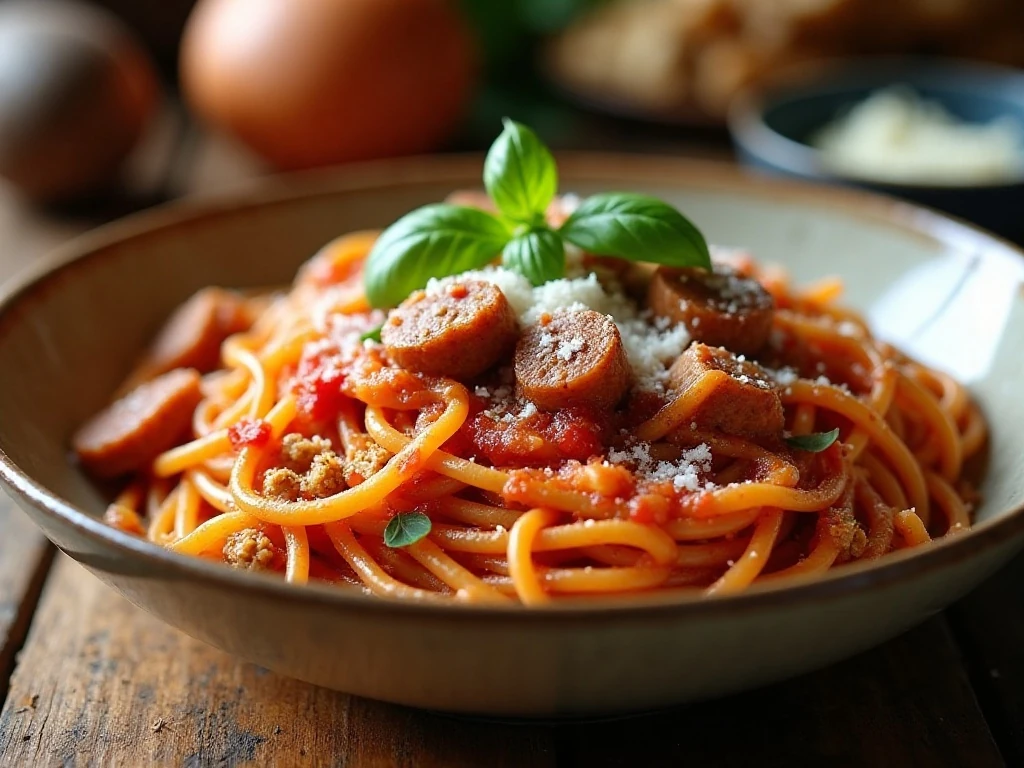 Bowl of hearty Instant Pot spaghetti with marinara sauce and Parmesan