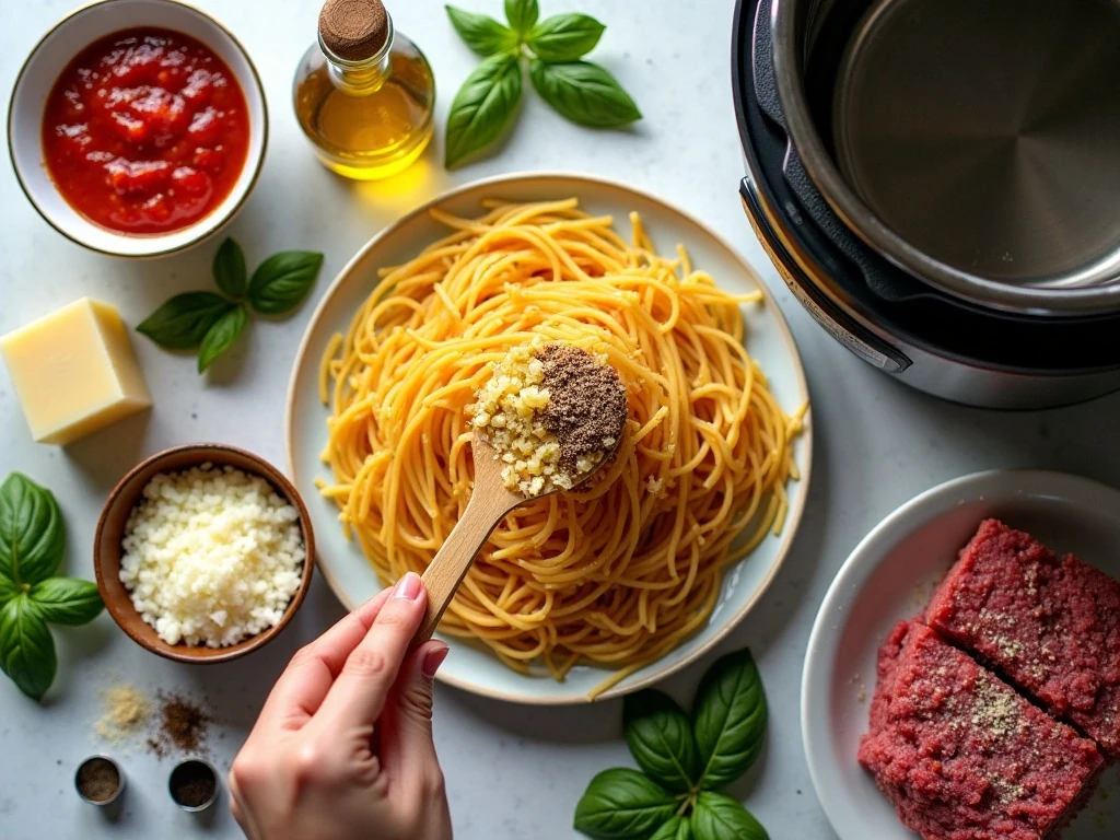 Ingredients for Instant Pot spaghetti arranged beside the pressure cooker
