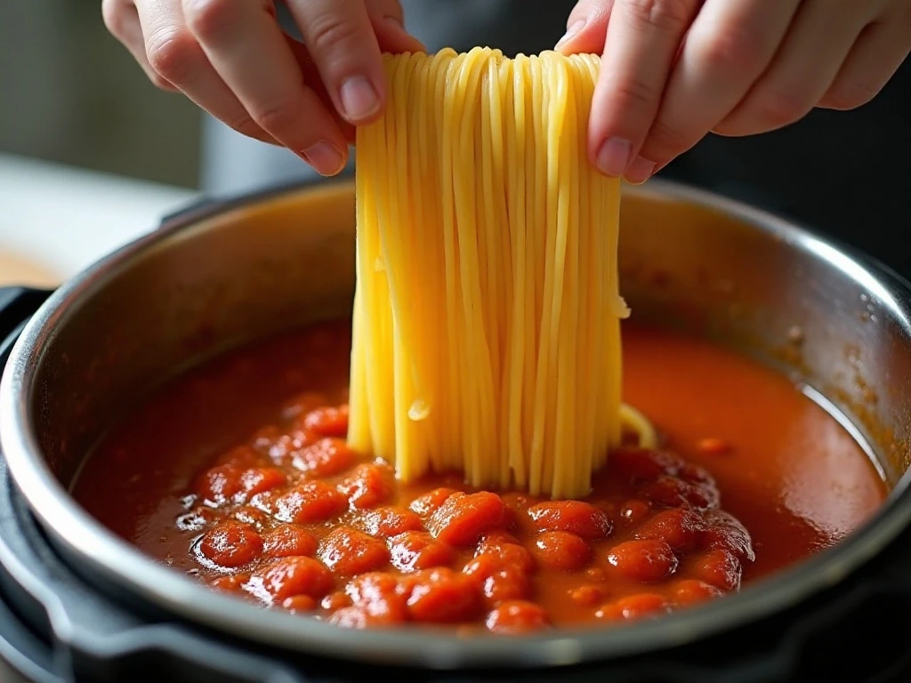 Spaghetti layered over broth before pressure cooking in an Instant Pot