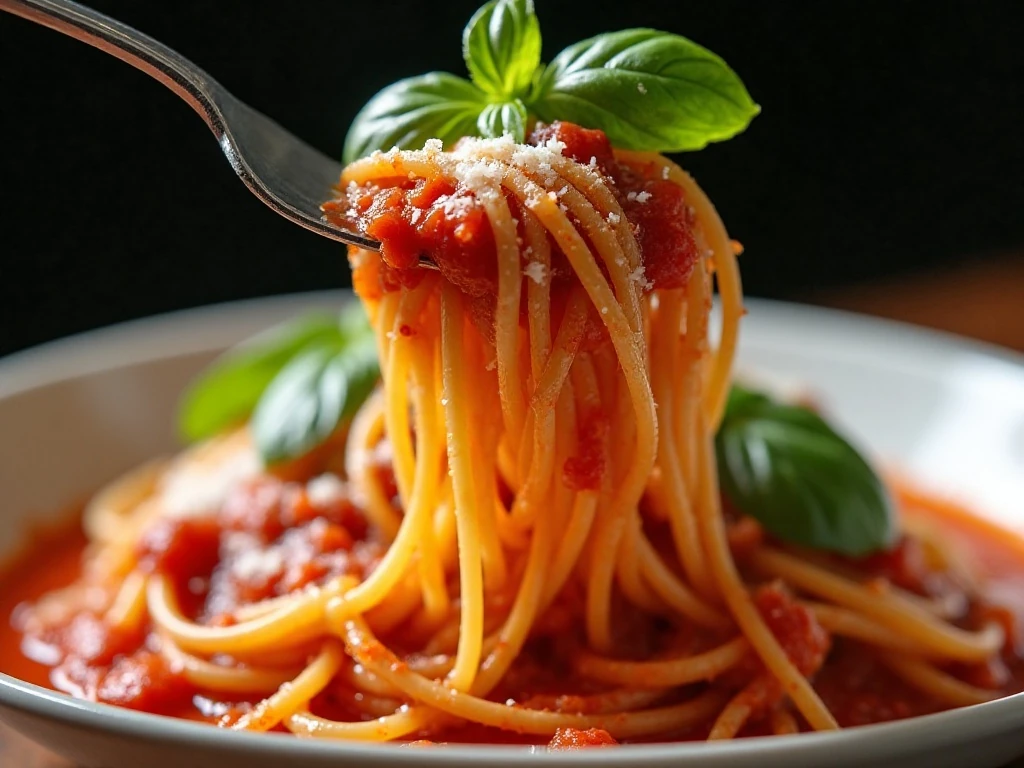Close-up of Instant Pot spaghetti garnished with Parmesan and basil