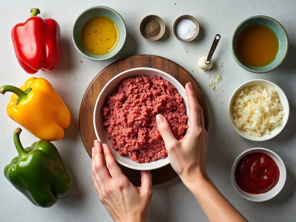Ingredients for Instant Pot stuffed peppers arranged in a flat lay