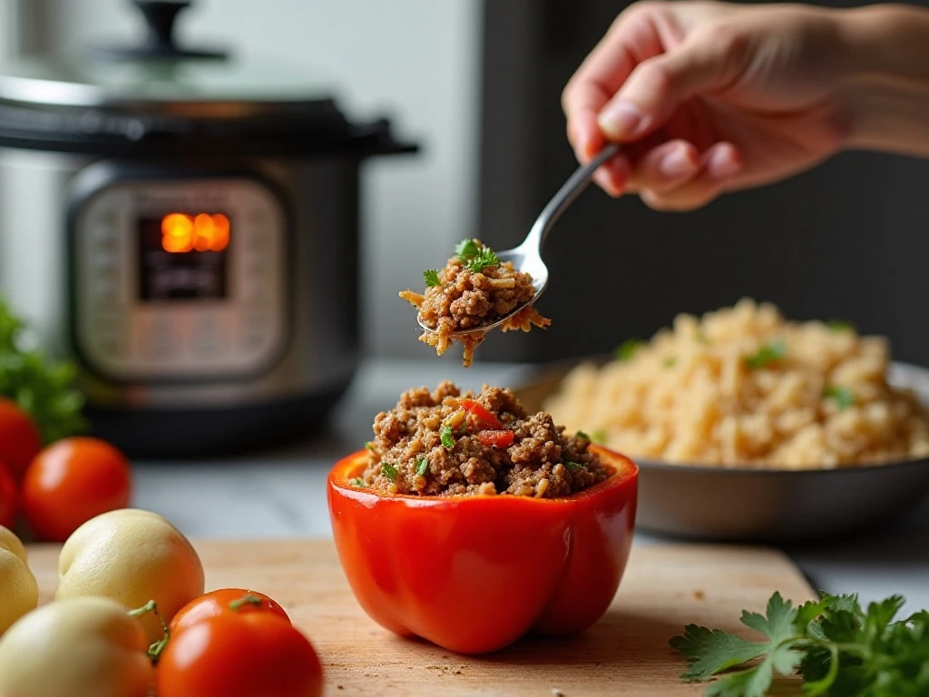 Filling bell peppers with seasoned beef and rice for pressure cooking