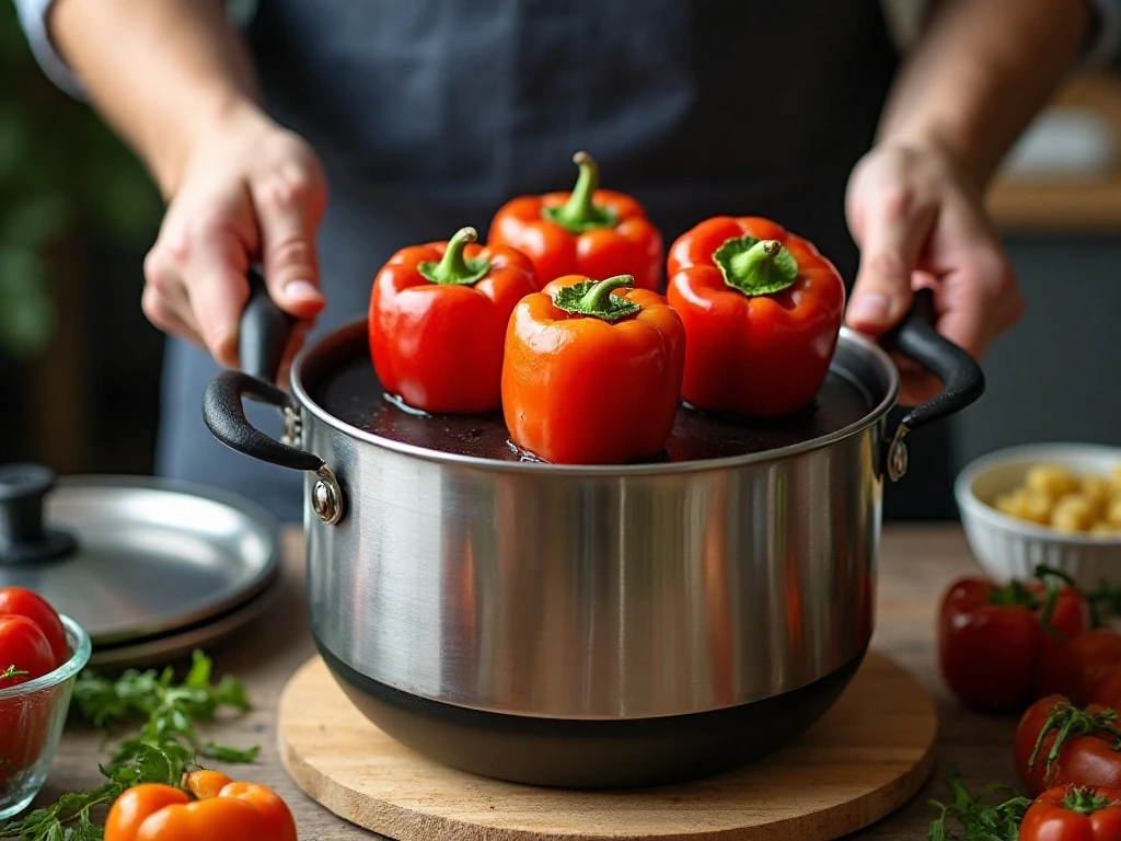 Stuffed peppers arranged upright on an Instant Pot trivet
