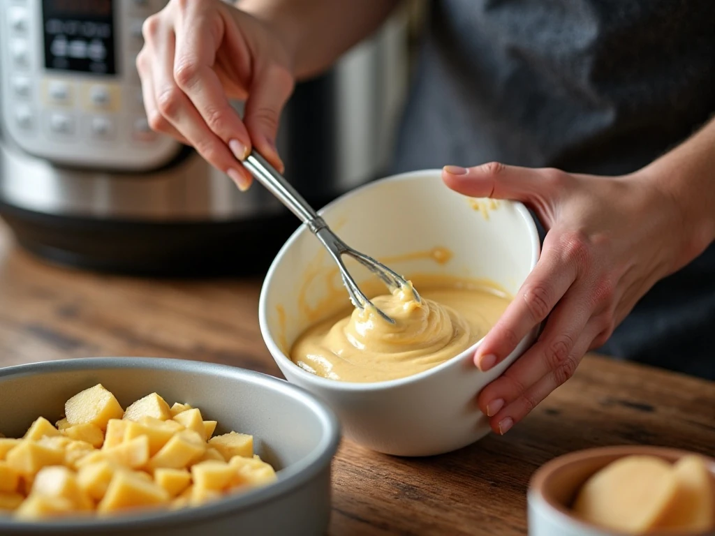 Preparing apples and batter for an Instant Pot apple cake