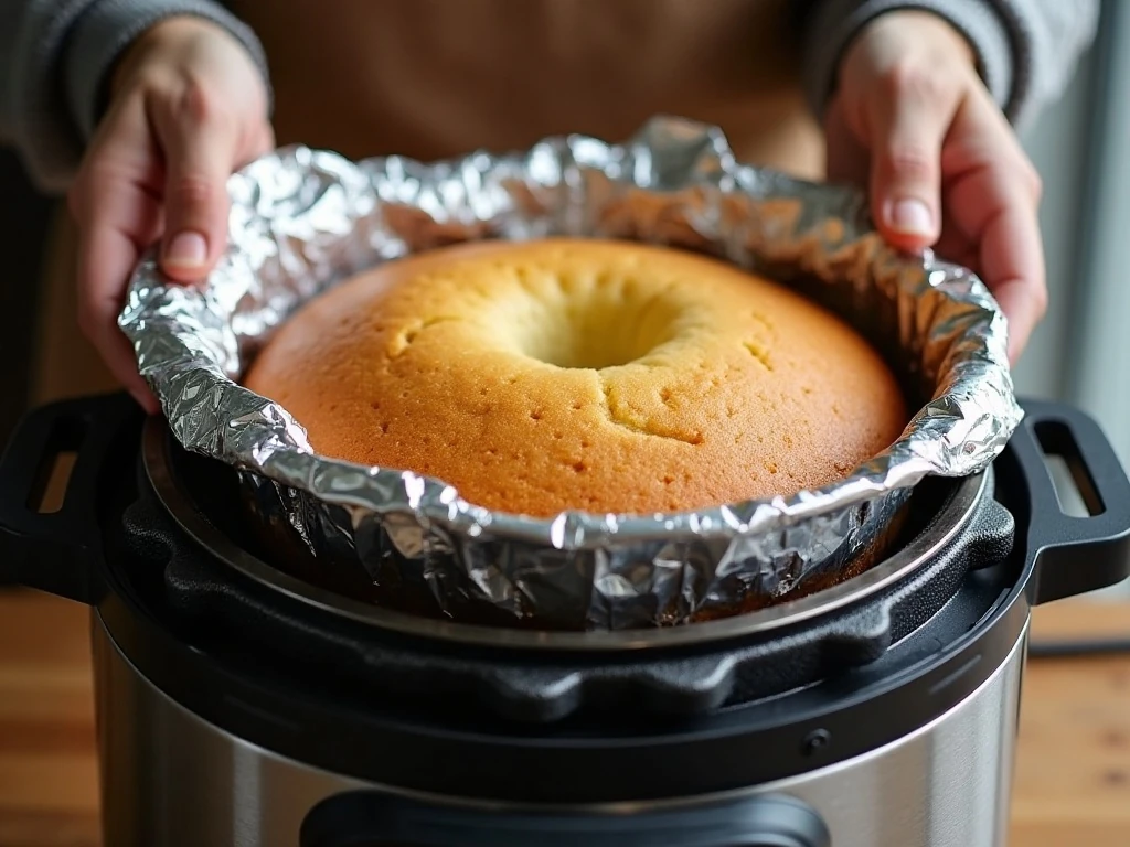 Covered apple cake pan positioned on an Instant Pot trivet
