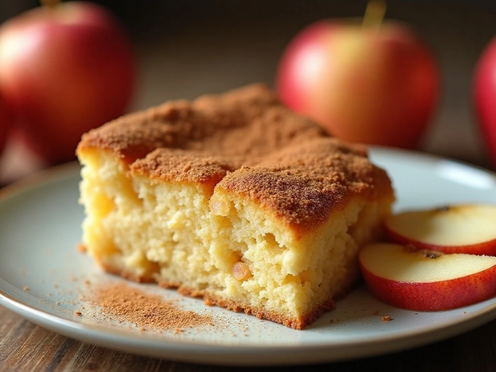 Close-up slice of cinnamon apple cake with tender crumb