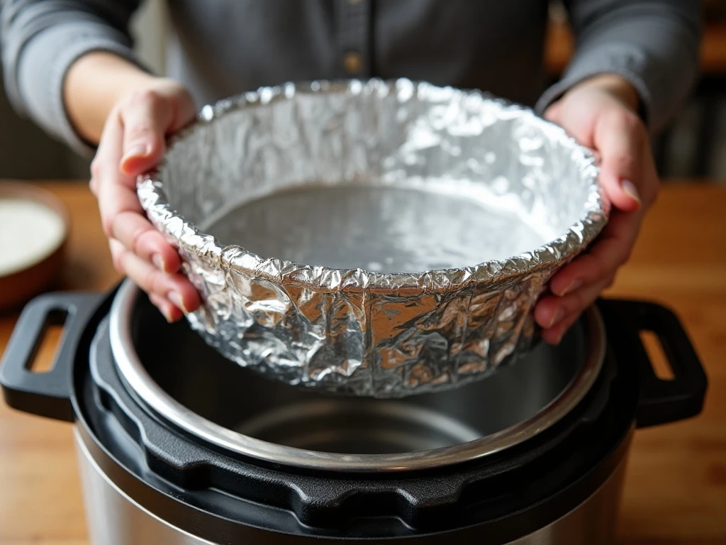 Covered breakfast casserole pan being placed on the Instant Pot trivet