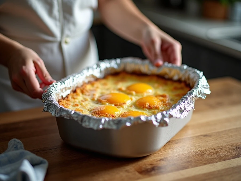 Cooked Instant Pot breakfast casserole resting before slicing