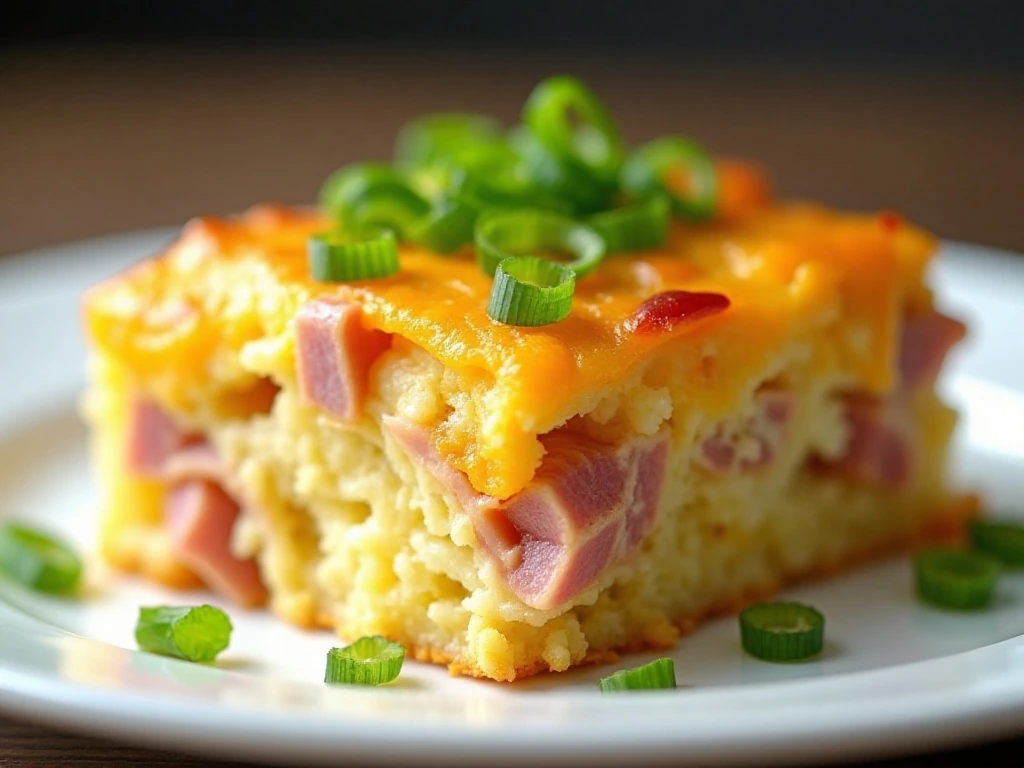 Close-up serving of fluffy Instant Pot breakfast casserole with green onion