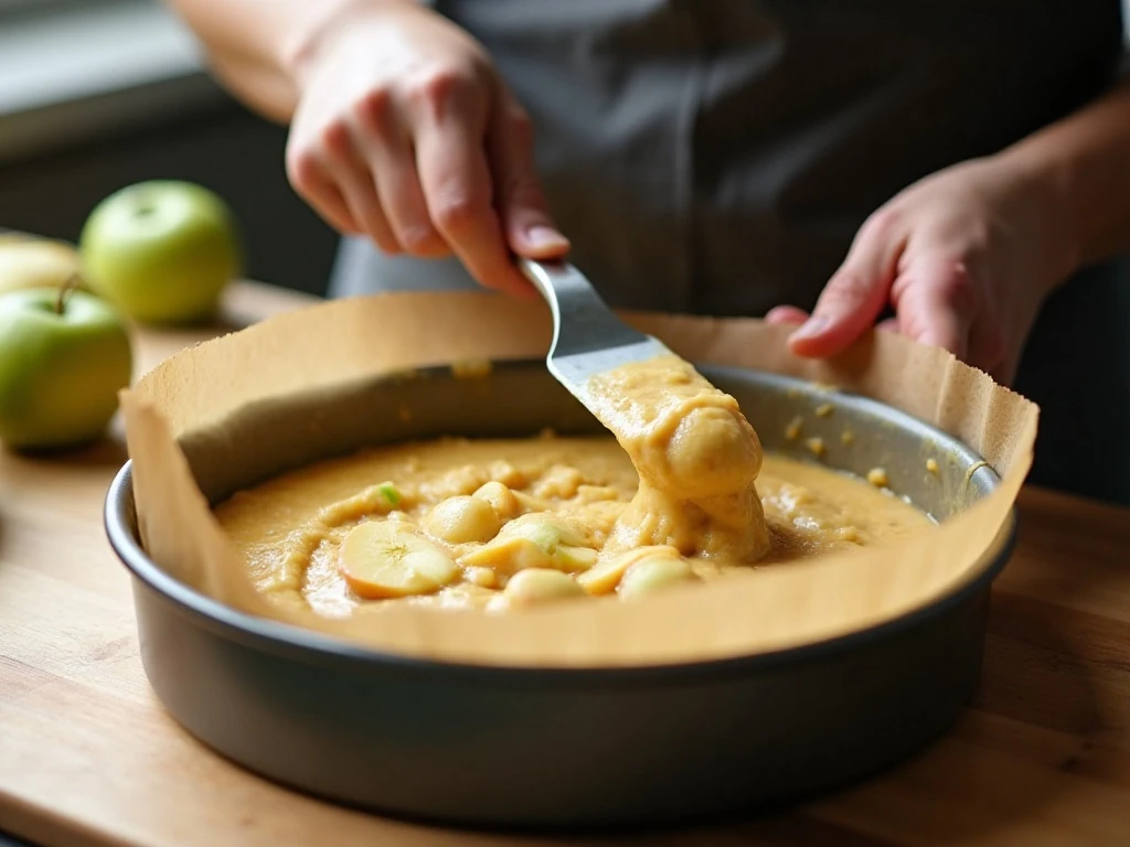 Thick apple cake batter being spread in a round cake pan