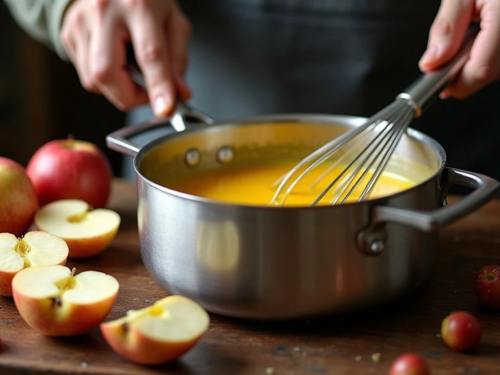 Preparing smooth vanilla custard sauce for apple cake