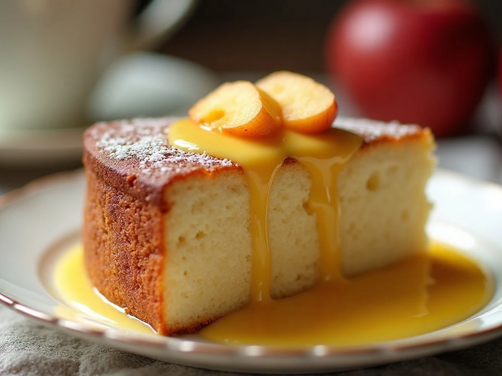 Slice of Irish apple cake covered with vanilla custard