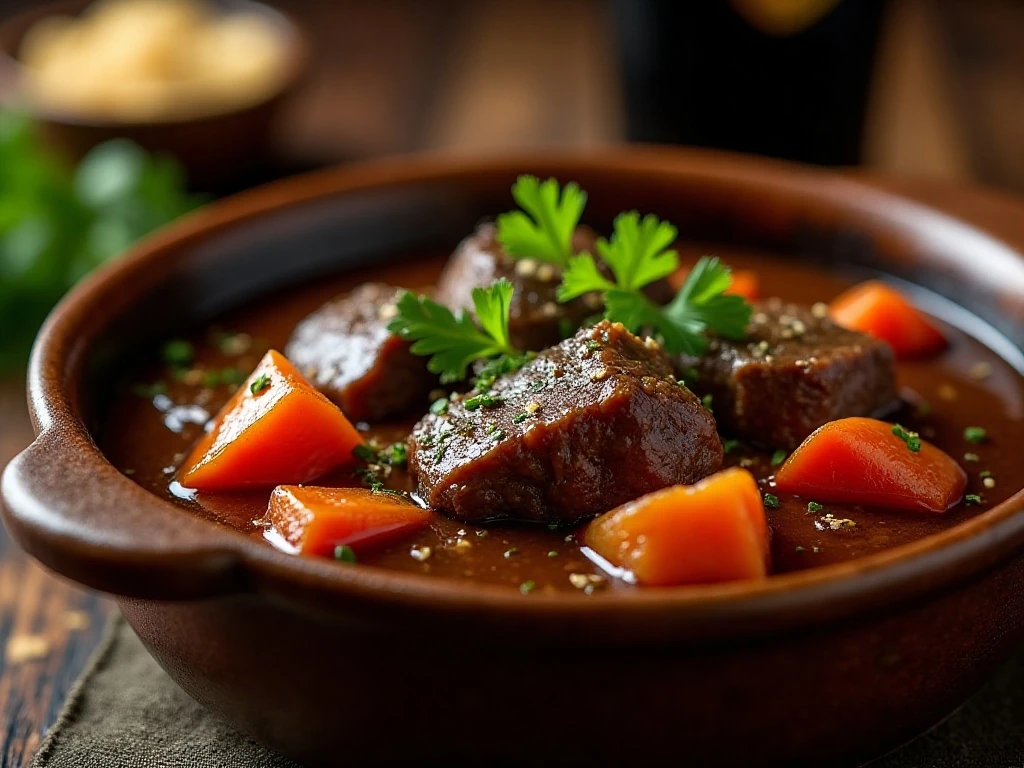 Bowl of hearty Irish beef stew with Guinness gravy and vegetables