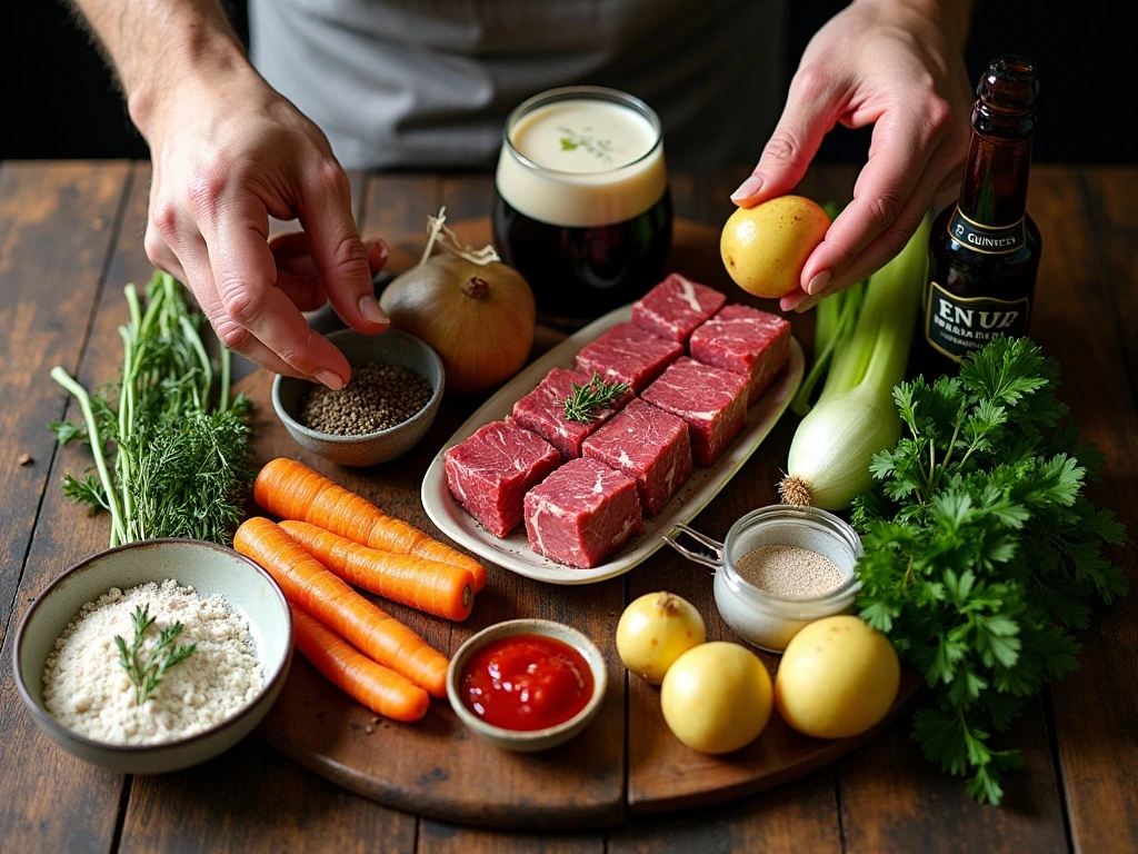 Ingredients for authentic Irish beef stew with Guinness
