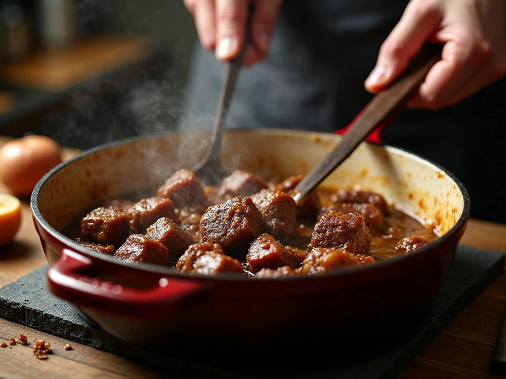 Beef browning in a Dutch oven for Guinness stew