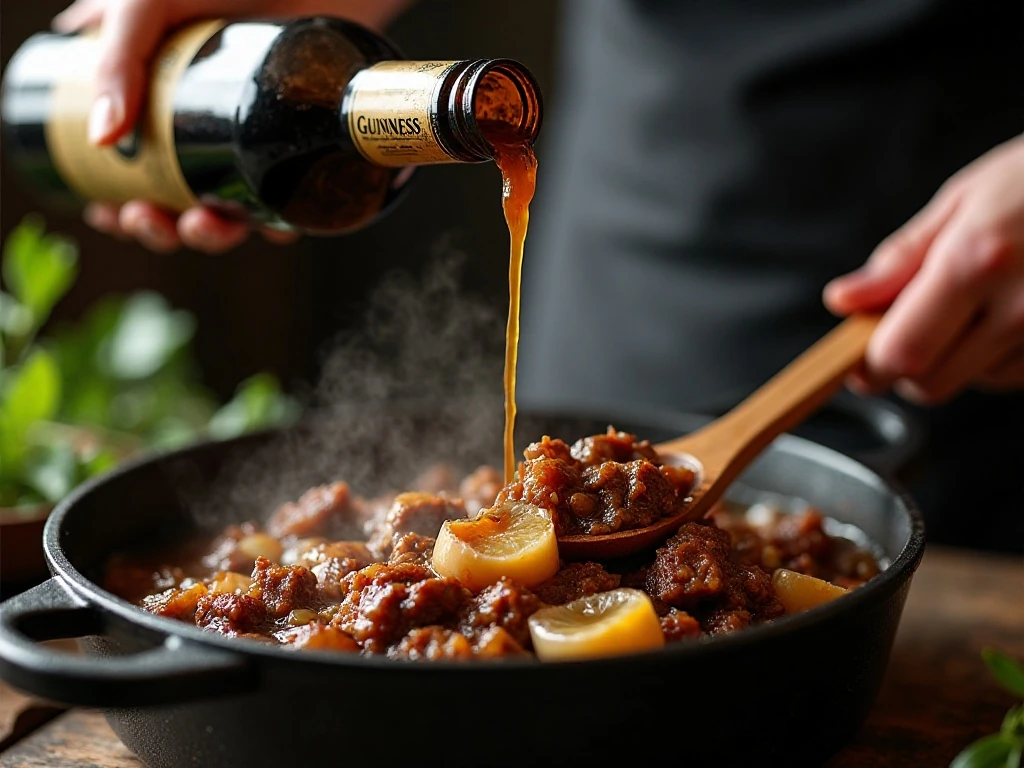 Guinness added to browned beef and onions for stew