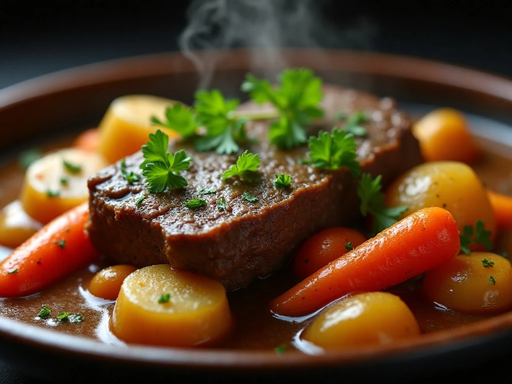 Close-up of parsley garnish on Guinness beef stew