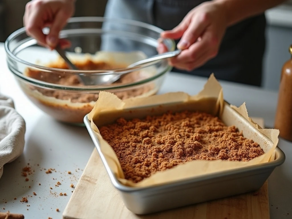 Cinnamon streusel and coffee cake batter prepared for the baking pan