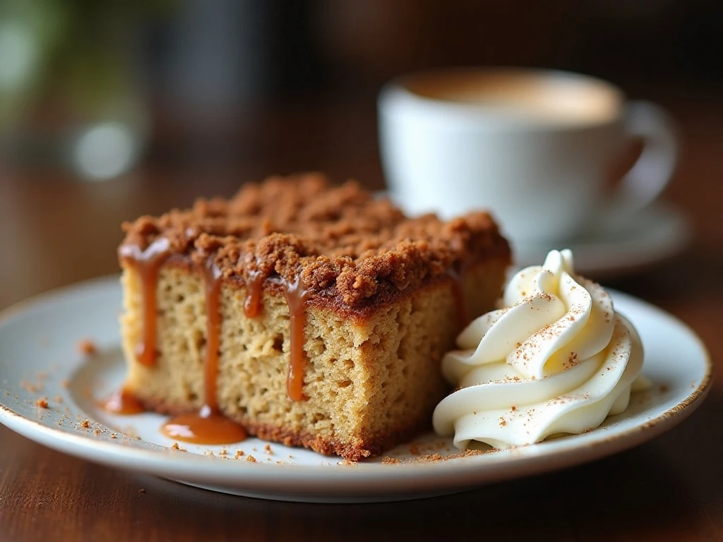 Irish coffee cake served with coffee and whipped cream