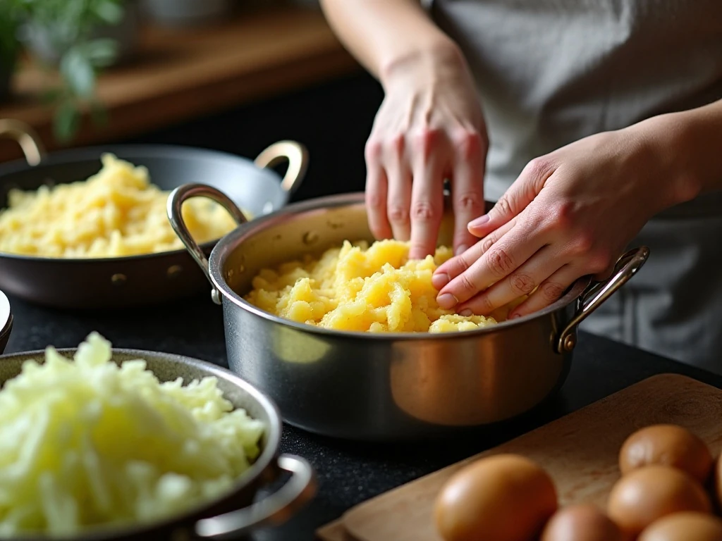 Preparing mashed potatoes and cabbage for Irish colcannon