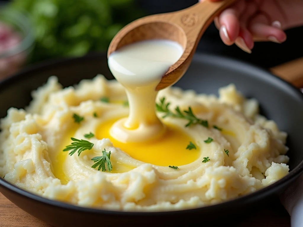 Gently folding warm milk and butter into colcannon