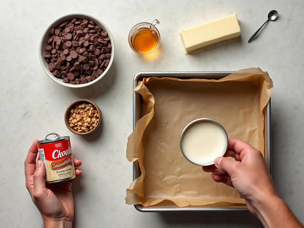 Ingredients for easy Irish cream chocolate fudge arranged for preparation