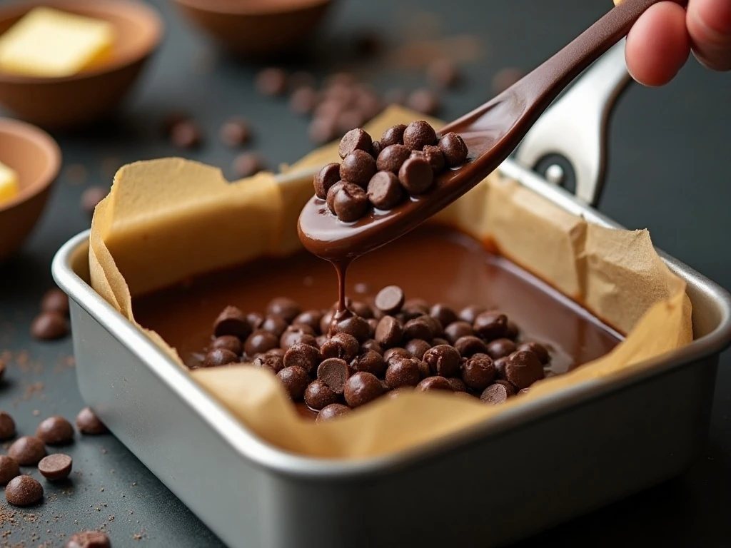 Chocolate fudge mixture being stirred gently in a saucepan